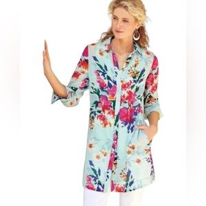 Soft Surroundings Aqua Lily 3/4 Sleeve Large Button Down Shirt